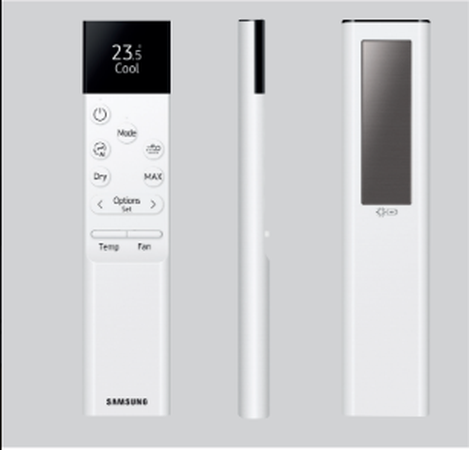 Skutečný dálkový ovladač Samsung SolarCell – přední strana s displejem, boční pohled a zadní strana se solárním panelem