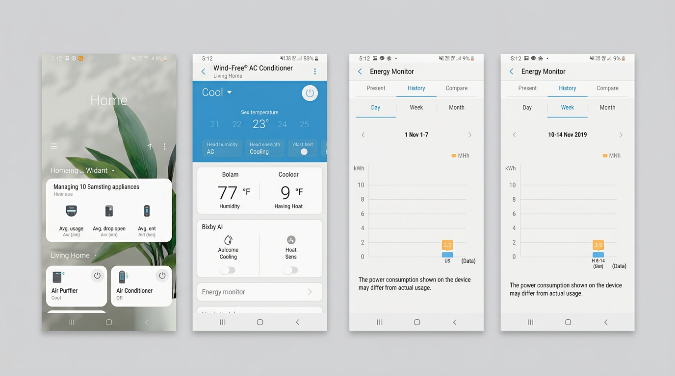 Ukázky mobilní aplikace Samsung SmartThings pro ovládání klimatizace a sledování spotřeby energie